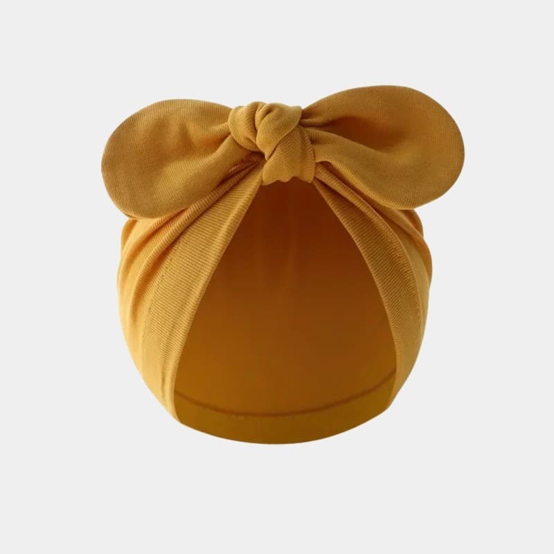 Bonnet turban bébé jaune moutarde avec nœud