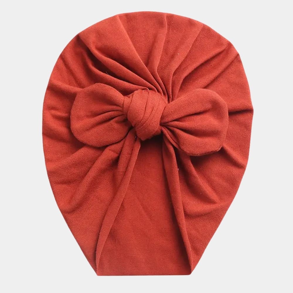 Turban bébé en coton rouge terracotta avec nœud papillon