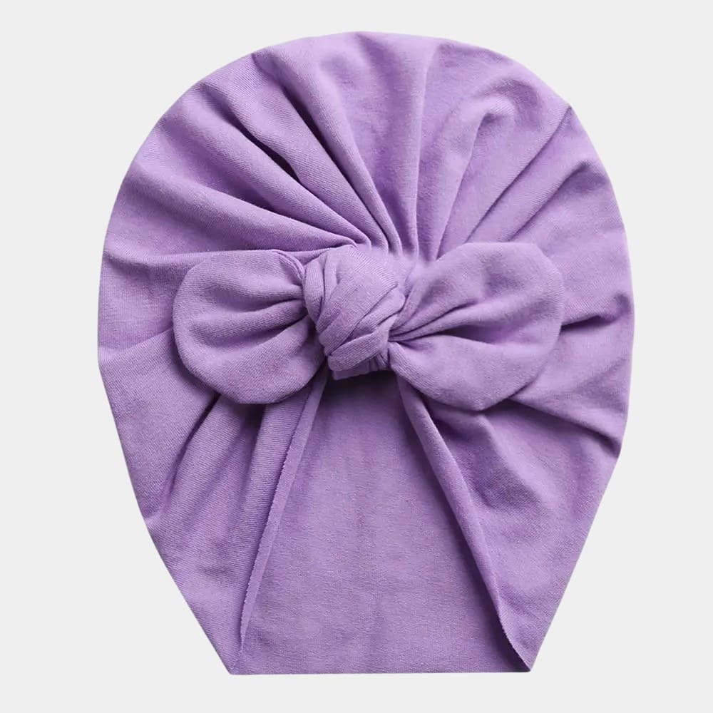 Turban bébé en coton violet lavande avec nœud papillon