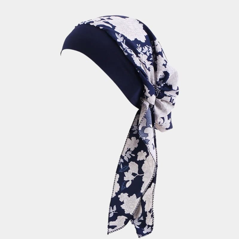 Turban foulard bleu marine à fleurs