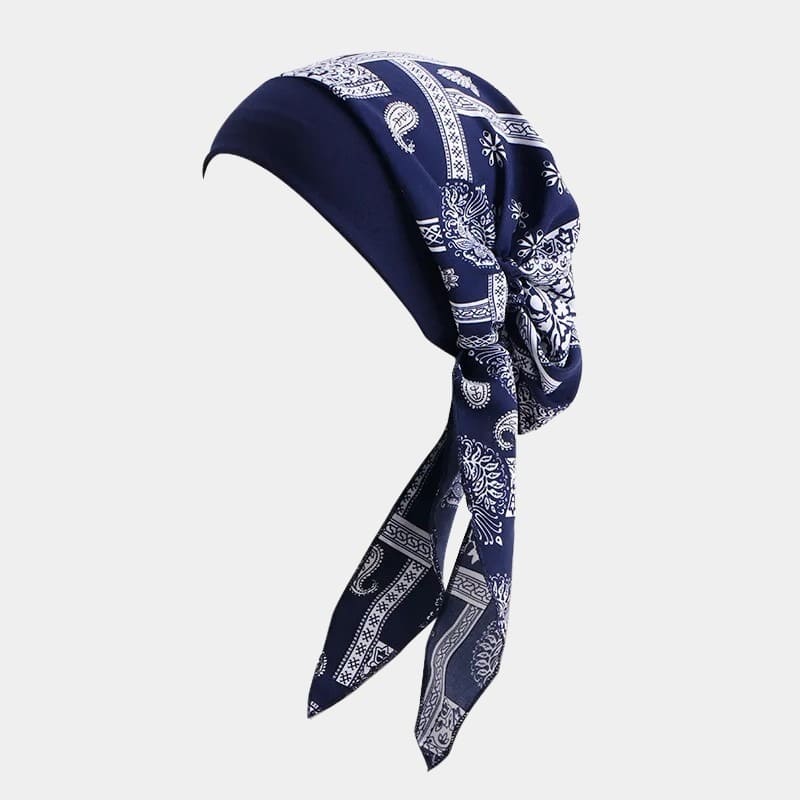 Turban foulard bleu à motif paisley