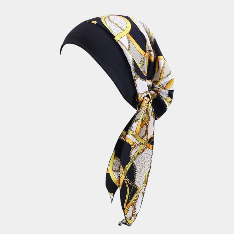 Turban foulard noir à chaînes jaunes