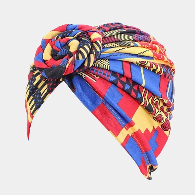 Turban motif africain multicolore avec nœud