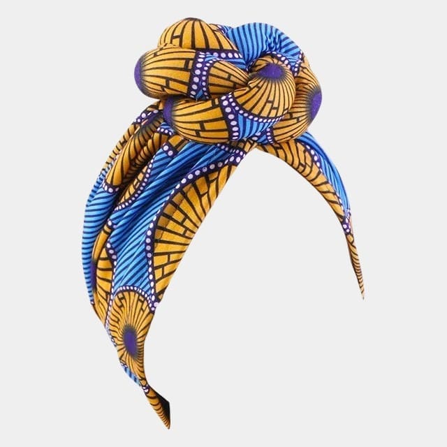 Turban wax bleu et jaune avec grand nœud