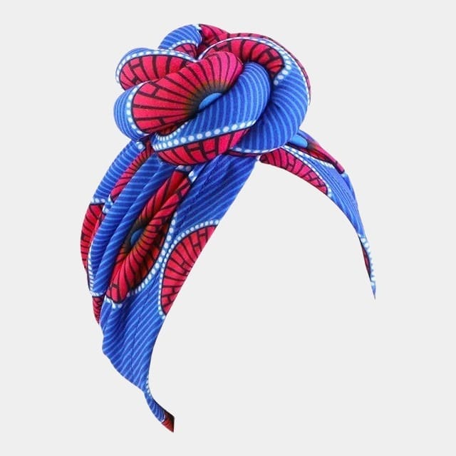 Turban wax bleu et rose avec grand nœud