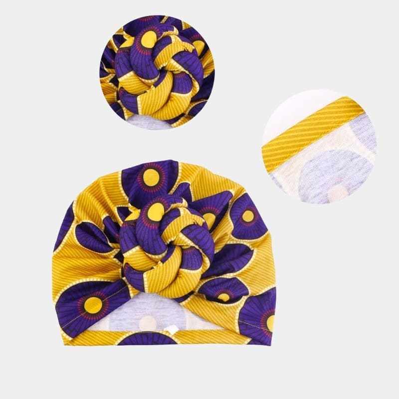 Turban wax violet et jaune avec grand nœud