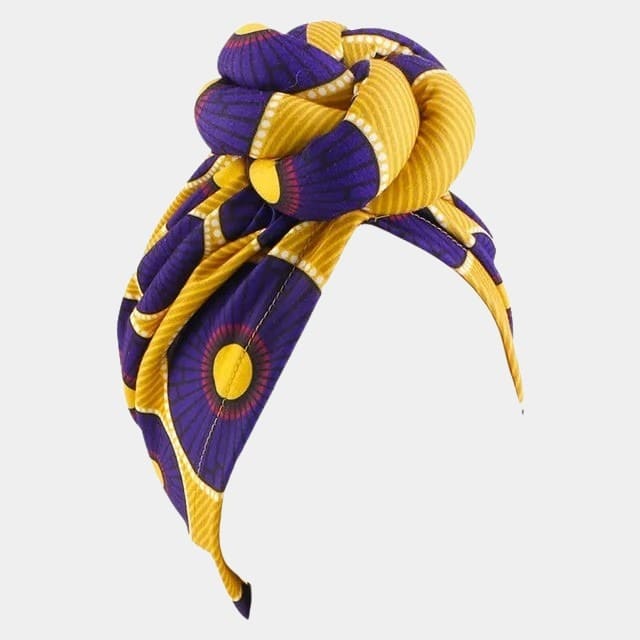 Turban wax violet et jaune avec grand nœud